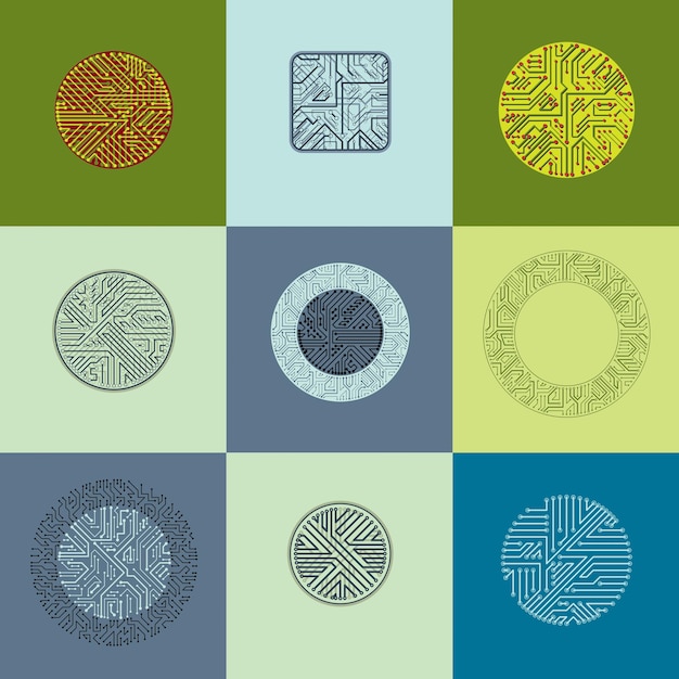 Ensemble de conceptions de processeurs à technologie vectorielle avec schémas de microprocesseurs carrés et circulaires. Cartes de circuits informatiques, éléments numériques.