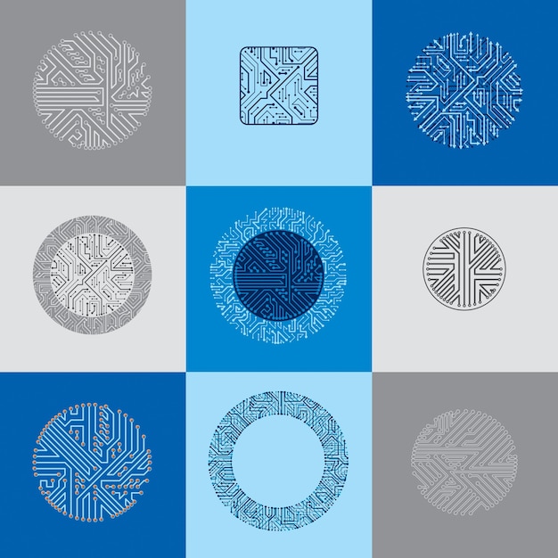 Ensemble de conceptions de processeurs à technologie vectorielle avec schémas de microprocesseurs carrés et circulaires. Cartes de circuits informatiques avec flèches multidirectionnelles, éléments numériques.
