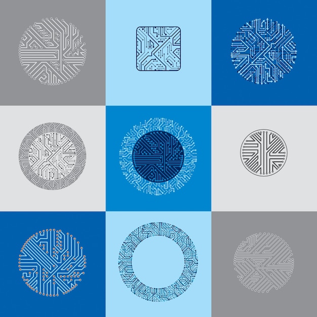 Ensemble De Conceptions De Processeurs à Technologie Vectorielle Avec Schémas De Microprocesseurs Carrés Et Circulaires. Cartes De Circuits Informatiques Avec Flèches Multidirectionnelles, éléments Numériques.