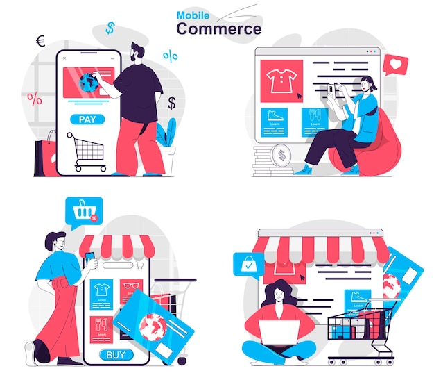 Ensemble De Concepts De Commerce Mobile Les Acheteurs Choisissent Des Vêtements Pour Acheter Et Payer En Ligne