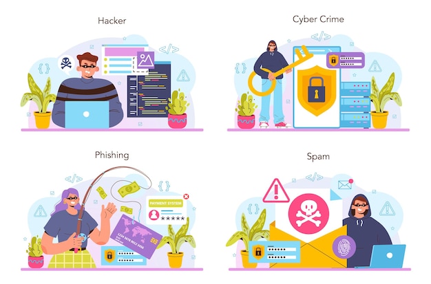 Vecteur ensemble de concepts de pirates. cyberattaque, voleur dérobant des données personnelles et de l'argent à partir d'un ordinateur ou d'un smartphone. protection des données numériques et sécurité des bases de données. illustration vectorielle plane
