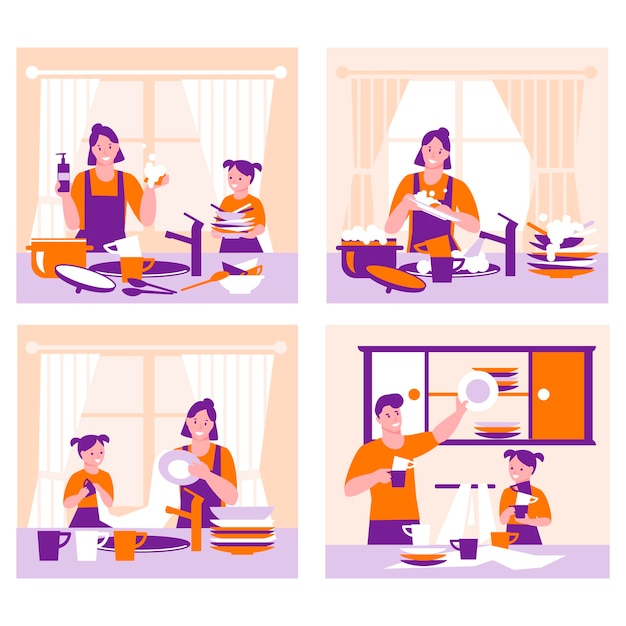 Ensemble de concepts pour nettoyer la cuisine, laver la vaisselle par la famille. Les enfants aident leurs parents.