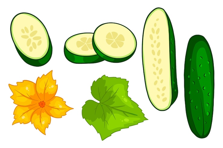 Vecteur ensemble de concombre. concombres frais, quartiers, demi-concombre, fleur et feuille. dans un style cartoon. illustration vectorielle pour la conception et la décoration.