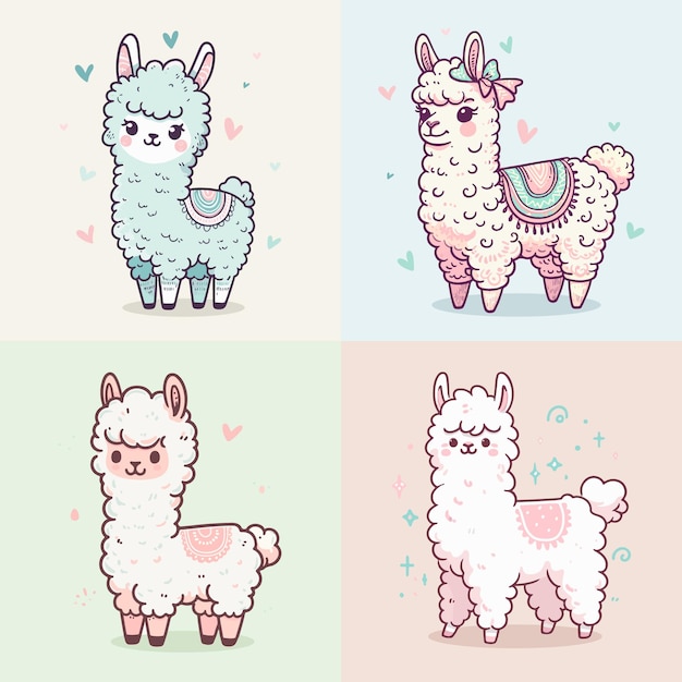 Vecteur un ensemble contenant 4 lamas mignons et heureux