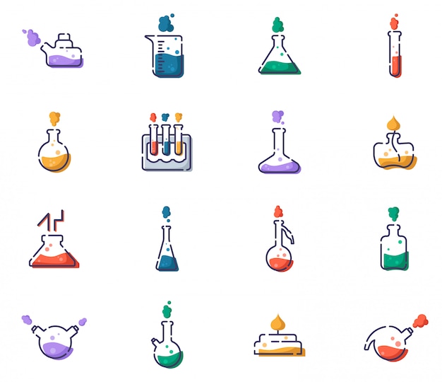 Ensemble De Contour Rempli D'icônes - Flacons De Laboratoire, Une Tasse à Mesurer Et Des Tubes à Essai Pour Le Diagnostic, L'analyse, L'expérience Scientifique. Laboratoire Chimique Et équipement.