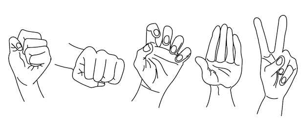 Ensemble de contours dessinés de mains humaines. Conception pour livre de coloriage, croquis, vecteur