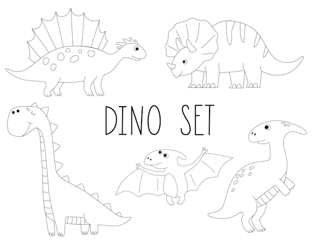 Ensemble de contours de dinosaures mignons en style cartoon Illustrations de livre de coloriage pour enfants