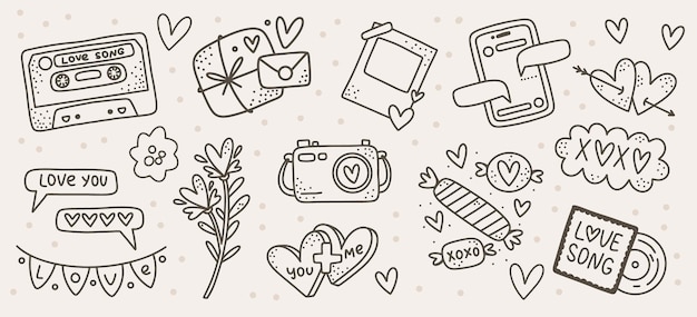Ensemble de contours de la Saint-Valentin Clip art avec des éléments romantiques Cœurs Chanson d'amour et bonbons