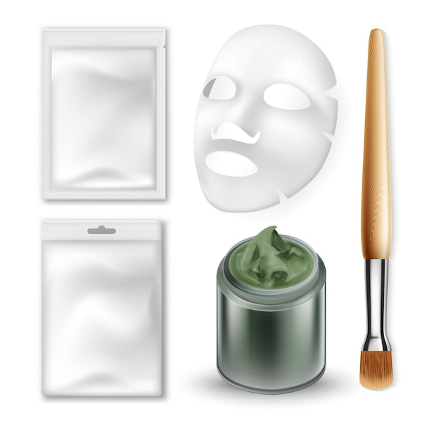 Vecteur ensemble de cosmétiques pour masque facial et pinceau de maquillage