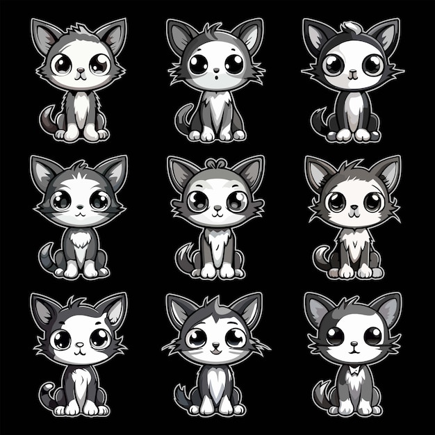 Vecteur ensemble de couleur monochrome d'autocollant de chat kawaii mignon