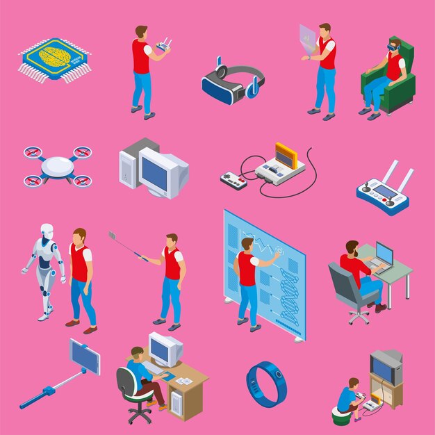 Ensemble de couleurs isométriques de personnes travaillant comme concepteurs dans divers domaines isolés