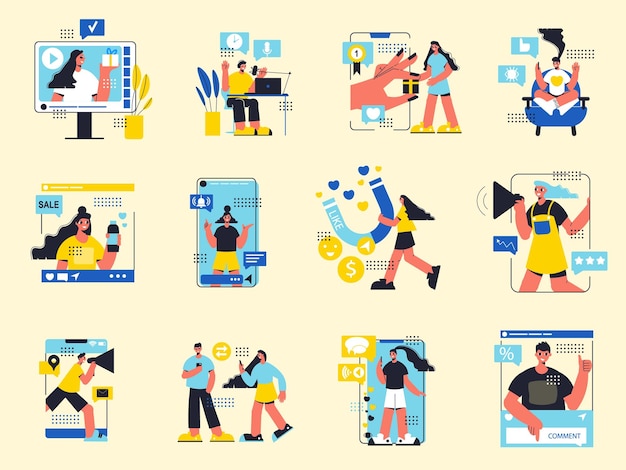 Ensemble De Couleurs De Marketing D'influence De Personnes Représentant Un Nouveau Produit Par Smartphone Via Des Canaux Sociaux Personnels Isolé Illustration Vectorielle Plane