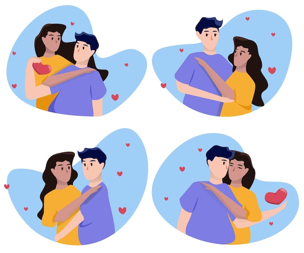 Ensemble de couples amoureux pour la Saint-Valentin dans des taches bleues