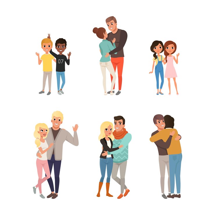 Vecteur ensemble de couples de diversité lesbiennes homosexuelles et hétérosexuelles illustration vectorielle