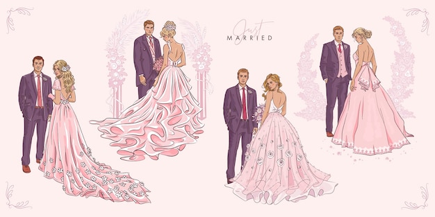 Ensemble de couples de mariage dessinés à la main