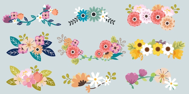 Ensemble de couronnes de fleurs dans un style vectoriel plat Ensemble de couronnes de fleurs de printemps Floraison de mariage de printemps