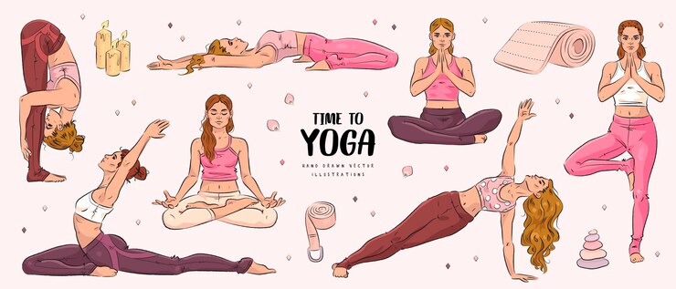 Vecteur ensemble de cours de yoga croquis dessinés à la main