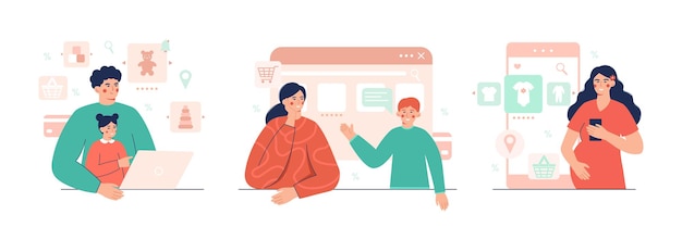 Un ensemble de courses familiales en ligne Maman et papa commandent des choses dans le magasin