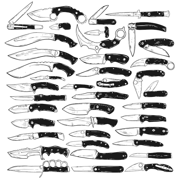 Ensemble de couteaux vectoriels isolé sur blanc, collection de couteaux à des fins diverses.