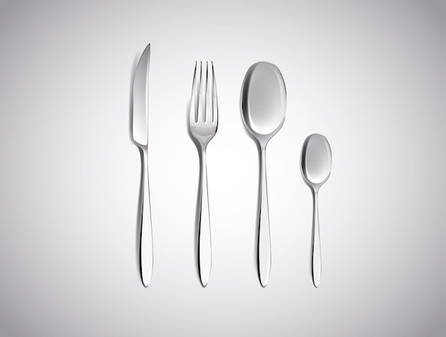 Ensemble de couverts de fourchettes en argent, cuillères et couteaux vue de dessus isolé sur fond blanc. Mise en table.