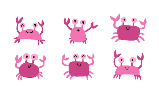 Vecteur un ensemble avec des crabes de différentes formes personnages plats de dessin animé mignon illustration vectorielle naïve enfantine