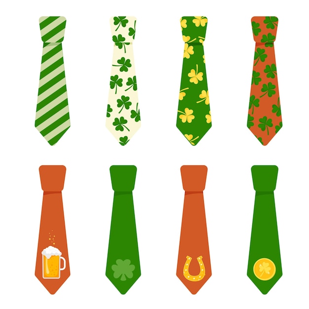 Ensemble De Cravates Lumineuses Décorées D'éléments Pour Les Vacances De La Saint-patrick. Illustration Vectorielle.