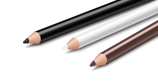 Vecteur ensemble de crayon cosmétique pour sourcils yeux ou lèvres eyeliner pour le maquillage isolé sur fond blanc eyeliners noirs et marron cosmétiques décoratifs professionnels illustration vectorielle 3d réaliste