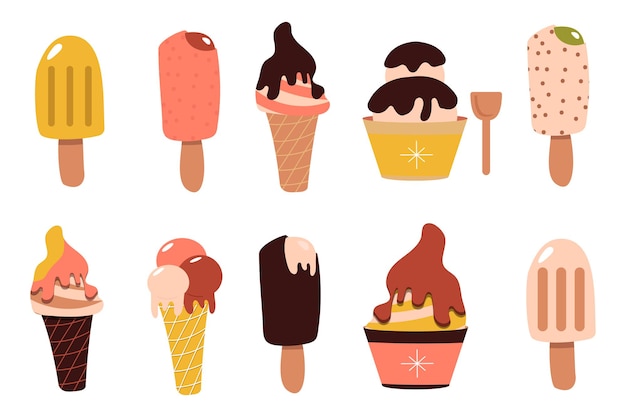 Ensemble De Crème Glacée. Coupe Glacée Au Chocolat Sur Un Bâton. Cornet De Crème Glacée Dans Une Gaufre. Dessert Glacé. Aliments Sucrés. Illustration De Dessin Animé Plane Vectorielle. Collection De Desserts D'été.