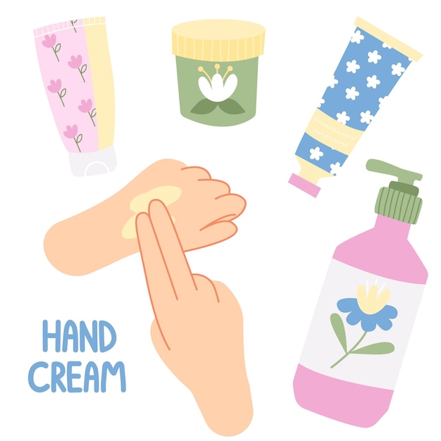 Ensemble De Crème Pour Les Mains Bio Avec Motif Floral Ensemble De Mains De Femme Appliquant La Crème Du Tube