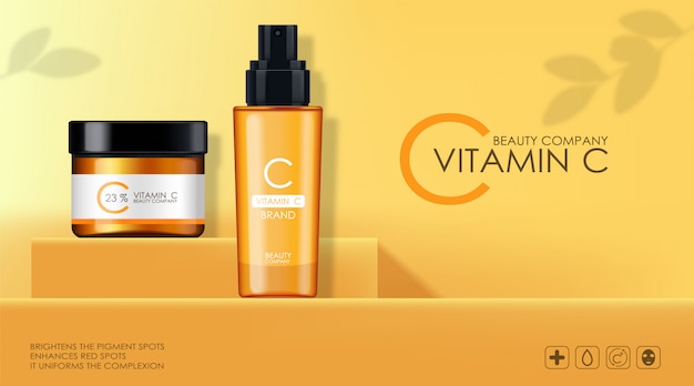 Ensemble de crème et sérum de vitamine C, entreprise de beauté, flacon de soins de la peau, emballage réaliste et agrumes frais, essence de traitement, cosmétiques de beauté, fond jaune