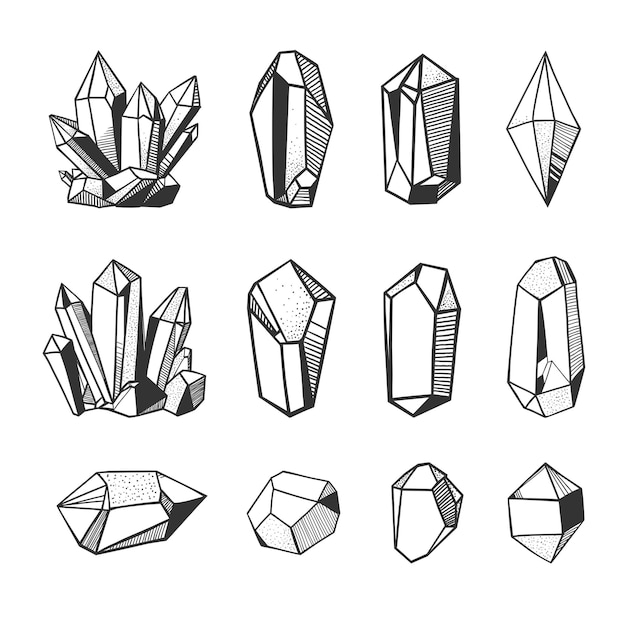 Vecteur ensemble de cristaux et minéraux vectoriels dessinés à la main. gemmes et pierres isolées sur fond blanc.