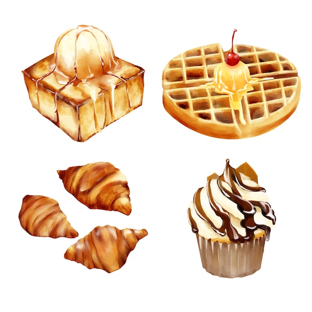 Ensemble de croissant toast gaufre et cupcake boulangerie illustration vectorielle aquarelle isoler sur blanc