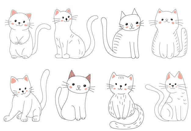 Ensemble de croquis de chats mignons doodle vecteur isolé