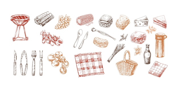 Un ensemble de croquis colorés dessinés à la main d'éléments de barbecue et de pique-nique pour la conception du menu