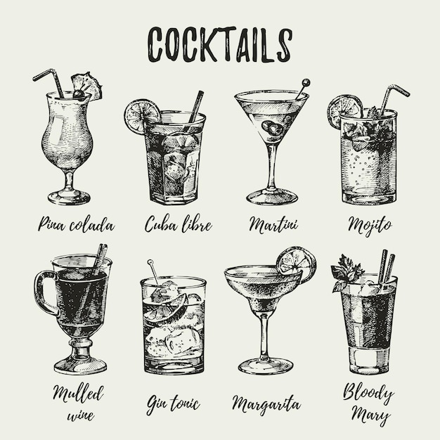 Ensemble de croquis dessinés à la main de cocktails alcoolisés Illustration vectorielle Vintage