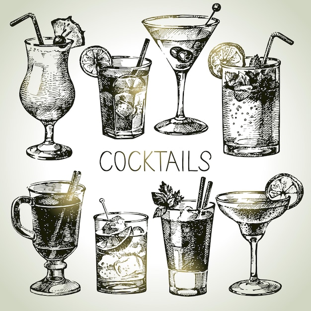 Ensemble De Croquis Dessinés à La Main De Cocktails Alcoolisés Illustration Vectorielle