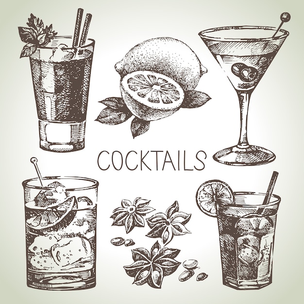 Ensemble De Croquis Dessinés à La Main De Cocktails Alcoolisés. Illustration