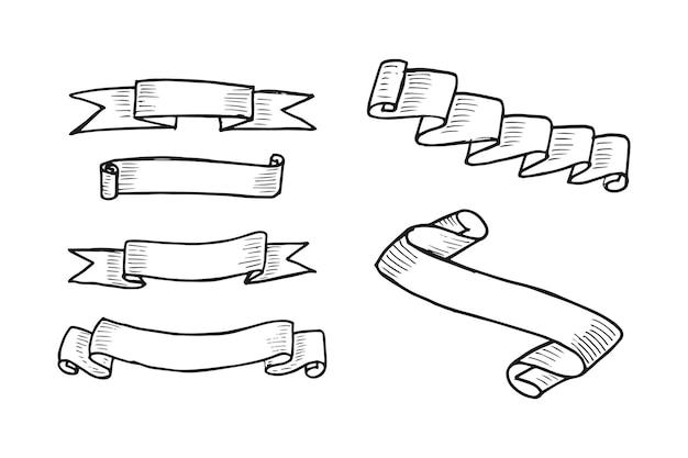 Ensemble De Croquis Dessinés à La Main De La Collection De Rubans Vecteur D'insigne De Bannière De Ruban De Doodle Isolé
