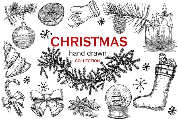 Ensemble de croquis dessinés à la main icônes de Noël. Objet de vacances rétro isolé, symbole, élément. Noël