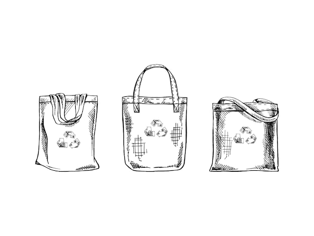 Vecteur ensemble de croquis dessinés à la main de sacs écologiques avec symbole de recyclage