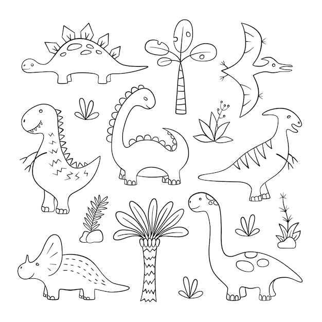 Ensemble De Croquis De Dinosaures Et De Plantes Préhistoriques