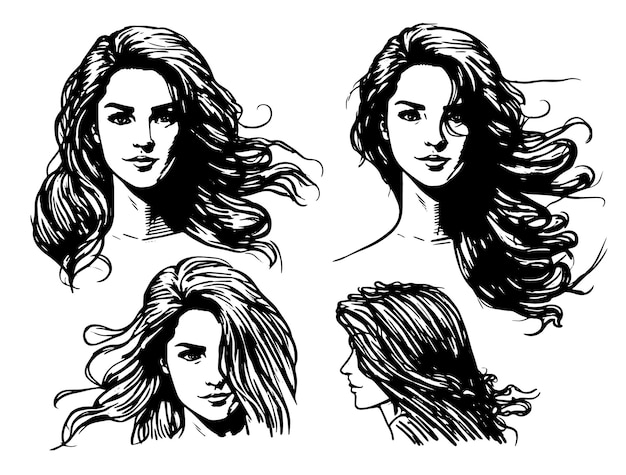 Un ensemble de croquis d'illustration vectorielle dessinée à la main représentant de belles femmes, y compris leurs visages et leurs cheveux