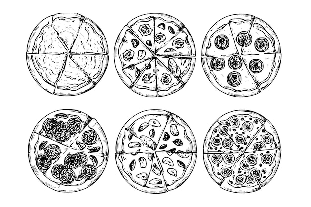 Vecteur ensemble de croquis de pizza italienne style de gravure dessiné à la main pack d'illustrations vectorielles