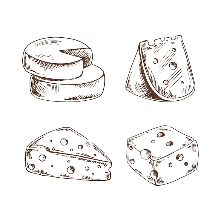 Vecteur ensemble de croquis de produits laitiers dessinés à la main divers types de têtes de fromage fromage hollandais morceaux de fromage illustration vectorielle dessin vintage noir et blanc