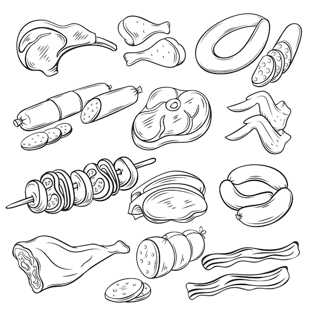 Vecteur ensemble de croquis de produits de viande gastronomique.