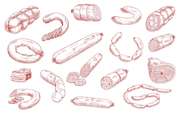 Vecteur ensemble de croquis de saucisses et produits carnés