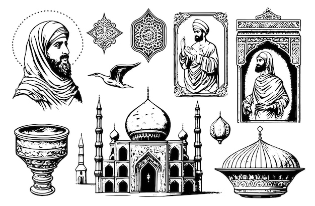 Un ensemble de croquis de style gravure vintage illustrant les traditions religieuses du concept islamique et la culture musulmane