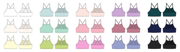 Vecteur ensemble de croquis technique de bralette fille soutien-gorge haut pour femme avec collection de modèles de conception de sous-vêtements à bretelles