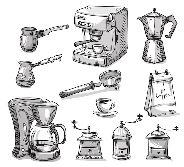 Ensemble De Croquis De Vecteur De Matériel De Fabrication De Café