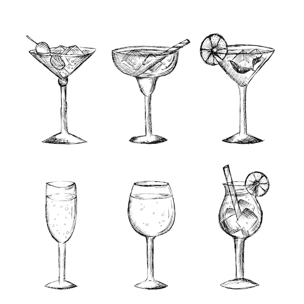 Vecteur ensemble croquis verre dessiné à la main croquis de cocktail noir et blanc